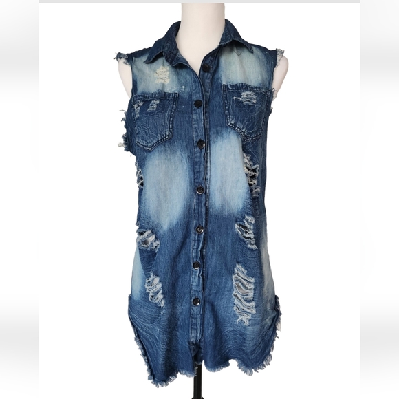 Thrill Tops - Thrill Jeans Sleeveless Denim Distressed Collared Top Shirt Blouse High Low Sz M